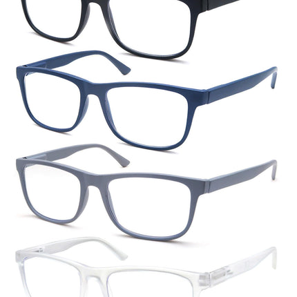 OLOMEE Large Reading Glasses Mens Wide Oversized Readers +1.25 Lightweight Square Eyeglasses for Reading for Big Head Men 4 Pack with Spring Hinge