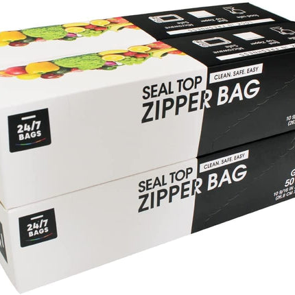 24/7 Bags- Gallon Zip Storage Bags, 200 Count, Double Zipper Seal, Easy Grip Open Tabs, Write-On Space, BPA-Free & Heavy Duty, Microwave Safe, Non-StandUp