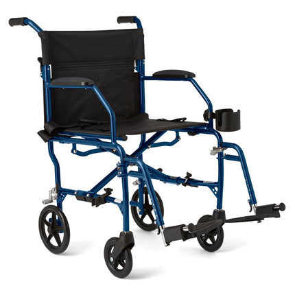 Medline Ultra Lightweight Transport Wheelchair for Adults and Elderly, Foldable, 19-Inch Seat Width, Blue Frame, Black Upholstery, 300 lb Capacity