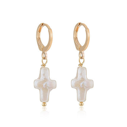 Iutymu Nature Freshwater Pearl Cross Earrings Elegant Christian Beachy Cross Pearl Baroque Earrings (Gold)