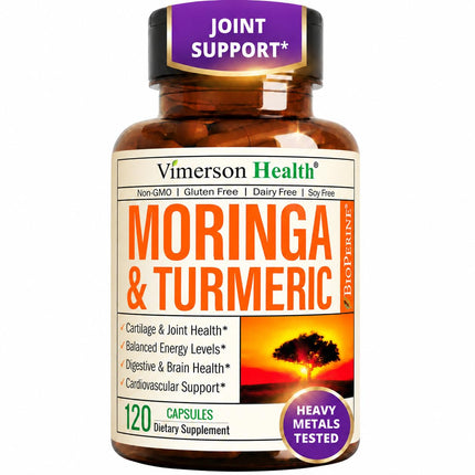 Moringa Capsules – 3-in-1 Turmeric Moringa Supplement with BioPerine (Black Pepper Extract) for Max Absorption – Potent 4:1 Moringa Oleifera Extract + Tumeric for Energy & Joint Support – 120 Count