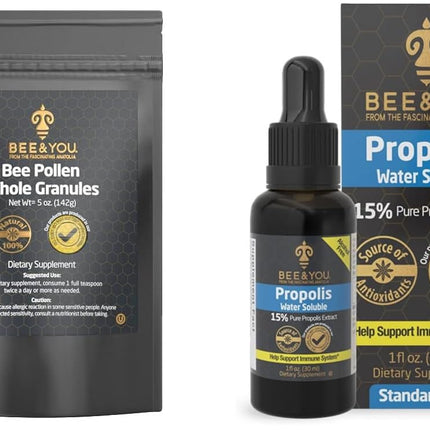 BEE and You Bundle, Bee Pollen Granules, 5oz Bag, with 100% Natural Propolis Extract Drops, Ultra Pure, Immune Support Supplement, Superfood, Antipxidants, Vitamins,