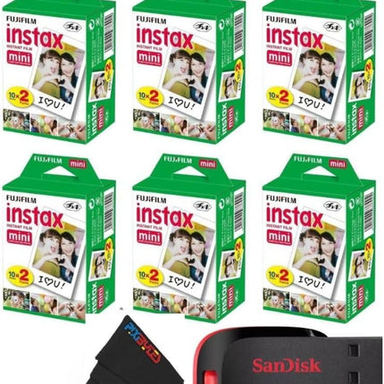 Fujifilm Instax Mini Instant Film for Mini Cameras | Pixibytes Bonus Bundle- Free 32 GB USB Flash Drive and Pixibytes Signature Microfiber Cloth... (32 GB USB + 6 x Twin Pack)