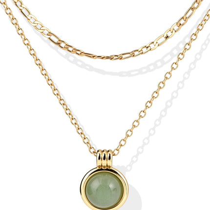 Zikichiky 14K Gold Plated Layered Necklaces for Women-Green Jade & Red Stone Pendant Figaro Chain Necklaces Non Tarnish, Stackable Choker Gemstone Jewelry Gifts