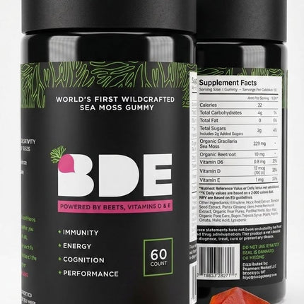 BDE Wildcrafted Sea Moss Gummy Maca Root, Beets, Lions Mane Mushroom, Vitamin D + E - Vegan Collagen, Zinc, Immunity & Detox, Gut Health - 60 Count