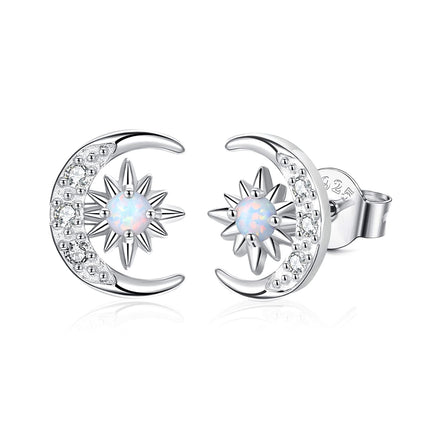 YZSFMZGE Moon and Star Earrings 925 Sterling Silver Opal Stud Earrings for Women - Hypoallergenic Sun and Crescent Moon Jewelry Gift for Sensitive Ears