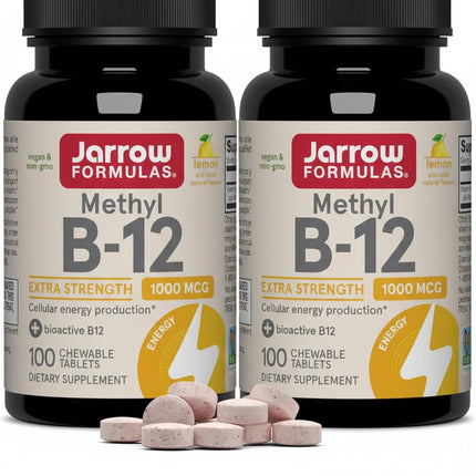 Jarrow Formulas Methyl Vitamin B-12 1000 mcg, 100 Chewable Tablets, Lemon Flavored- Vitamin B12 - Supports Cellular Energy Production, Brain Health & Metabolism - 100 Servings (Pack of 2)
