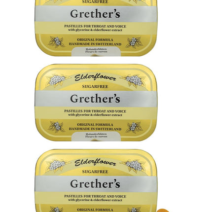 GRETHER'S Sugarfree Elderflower Pastilles – Premium Swiss Throat Lozenges for Dry Mouth & Throat Comfort – Intense Fruit Flavor – Gluten & Lactose Free – Gift for Singers – 3.75 oz, 3 Pack