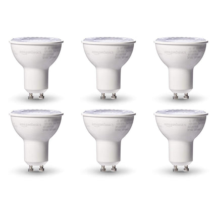 Amazon Basics MR16 LED Light Bulb, 50W Equivalent, Energy Efficient 7W, GU10 Base, Warm White 3000K, Dimmable, 10,000 Hour Lifetime, 6-Pack