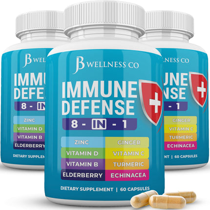 JB Wellness Co Immune Support 8 in 1 Capsules - Zinc Supplement, Vitamin D3, Vitamin C and Elderberry - Immune Booster Supplement with Echinacea, Ginger Root, and Turmeric - [3-Pack, 180 Count]