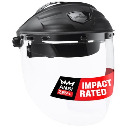 NoCry Premium Safety Face Shield for Grinding and Cutting — Clear Anti-Fog, Impact Resistant Visor and Adjustable Headgear — ANSI Z87.1 Certified for Industrial Use — Washable Sweatbands Included