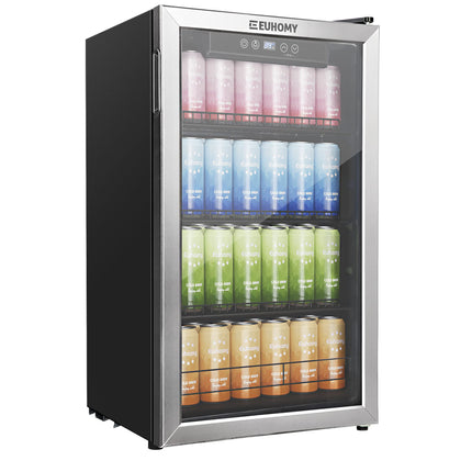 EUHOMY 3.5 Cu.Ft Beverage Cooler, 130 Can Mini Fridge with Glass Door, Small Refrigerator with Adjustable Shelves for Soda Beer or Wine, Perfect for Home/Bar/Office, large, sliver