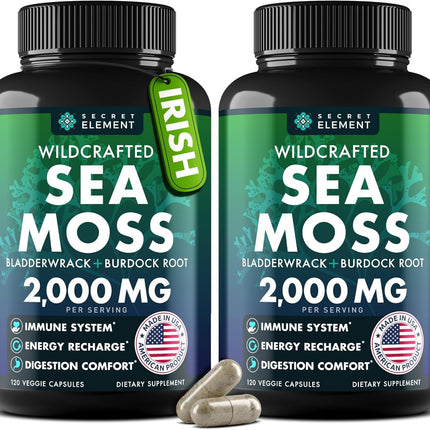 Sea Moss Capsules - Irish Sea Moss Advanced with Burdock Root, Bladderwrack & Muira Puama for Immunity, Gut, & Energy - Superfood Sea Moss Supplements w/Raw Sea Moss Powder (2 Pack)