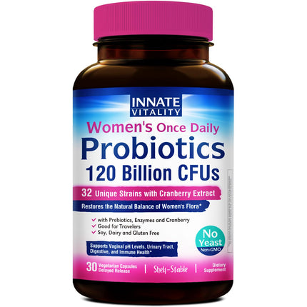 Innate Vitality Women's Probiotics, 120 Billion CFU, 32 Tested Strains, Probiotics for Women, Yeast Control, Vaginal pH Support, Prebiotics, Digestive Enzymes, Cranberry, Once Daily 30 Veggie Capsules