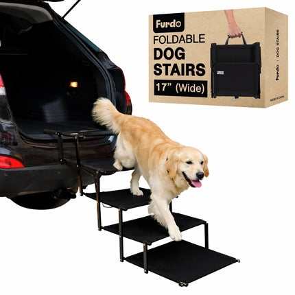 FURDO Dog Stairs for Large Dogs, for Medium Dogs, Foldable Dog Ramp for Car & SUV, Steps for Bed, Wide Non-Slip Pet Steps for Car Side Door, Truck & High Beds, Portable & Adjustable - 17" Wide
