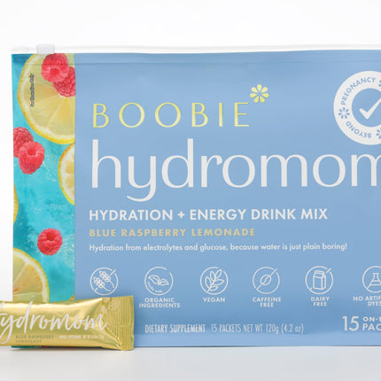 Boobie Hydromom Superfood Electrolyte Drink Mix, Blue Raspberry Lemonade | Refreshing Energy & Hydration Boost for Mamas | On-The-Go & Travel Essentials for Pregnancy, Lactation, & Beyond, 15 Packets