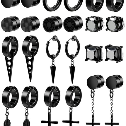 ONESING 12 Pairs Black Magnetic Earrings: Clip On, Hoop & Dangle Designs - Non-Piercing Set for Men & Women