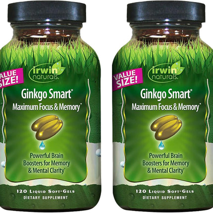 Irwin Naturals Ginkgo Smart Maximum Focus & Memory – Brain Supplement with Ginkgo Biloba, Acetyl-L-Carnitine, DMAE – Liquid Soft-Gels with BioPerine® for Superior Absorption – 120 Count (2 Pack)