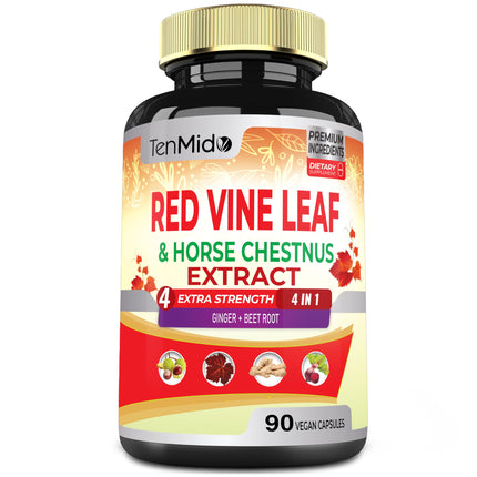 Tenmido Red Vine Leaf Extract Capsules - with Horse Chestnut, Beet Root, Ginger - Herbal Supplement for Heart, Leg Vein & Energy - 90 Vegan Capsules for 45 Days