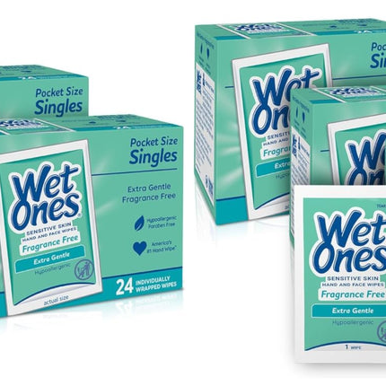 Wet Ones Hand and Face Wipes Singles, Unscented for Sensitive Skin, Hand-Wipes Individually Wrapped | 24 ct, (Pack of 12)