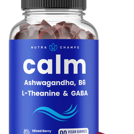 NutraChamps Calm Gummies, Stress Gummies Supplement with Ashwagandha, L-Theanine, GABA, Vitamin B6 & Lemon Balm, Supports Mood, Focus & Stress Relief, Natural Berry, 90 Gummies