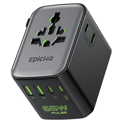 Epicka Pulse Duo 65W Universal Travel Adapter, International Power Adapter with PD & QC 3.0 Fast Charging for 2 Devices Simultaneously, European Travel Plug Adapter, Travel Essentials (Black)