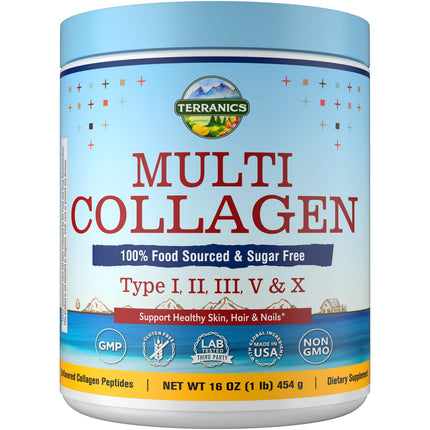 Terranics Multi Collagen Peptides Powder, Type I II III V X Hydrolyzed Collagen for Women+Men, Collagen Supplements, Fast Dissolve, Unflavored Colageno, No Sugar, Keto, 16oz
