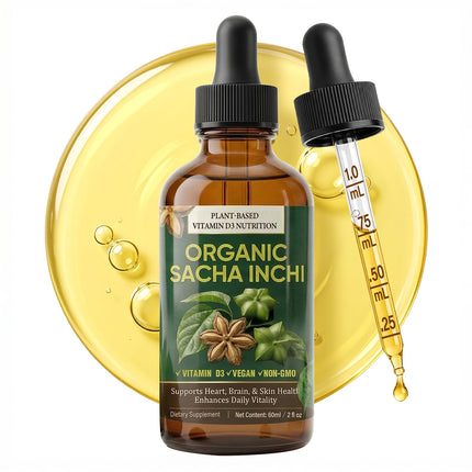 Sacha Inchi Oil Drops, Organic Sacha Inchi Oil Rich in Vitamin D3, for Joint Dryness Skin & Daily Wellness, Pressed Virgin Inca Nut Oil, 2 fl oz