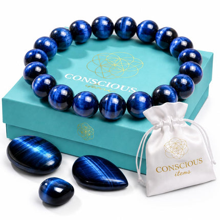 Conscious Items Blue Tiger's Eye Bracelet for Women & Men, Gemstone Beads