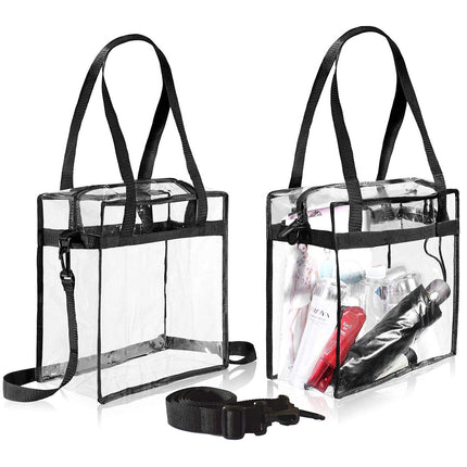 BAGAIL Clear Bags 12x6x12 Stadium Approved Clear Tote Bag with Zipper Closure Crossbody Shoulder Bag with Adjustable Strap (Black two pack)