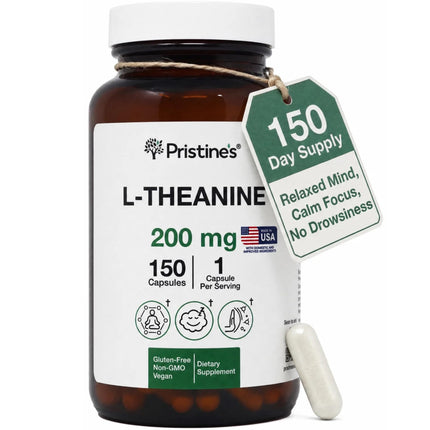 PRISTINE'S L Theanine 200mg Supplement Capsules - 3rd Party Tested Non GMO -150 Day Supply - Relaxation & Sleep Quality Support Capsules - Vegan, cGMP Facility & Gluten Free Glass Bottles
