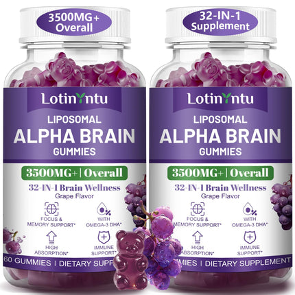 2 Pack 32 in 1 Liposomal 3500MG+ Alpha GPC Brain Focus Gummies,with Omega-3 DHA+EPA,Lutein Zeaxanthin and Caffeine etc for High Absorption for Focus & Memory Support, Immune Boost