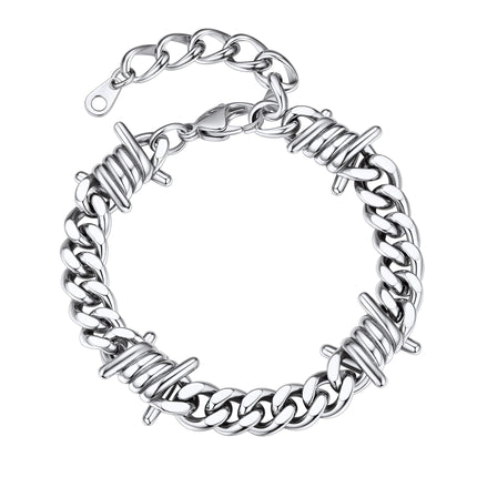 Bestyle Stainless Steel Barbed Wire Bracelets 9mm Thick Heavy Men Hand Chain Unisex Silver Cuban Chain Bracelet Punk Gothic Bracelets for Men Women