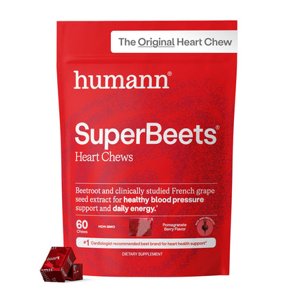 Humann SuperBeets Heart Chews, Beet Root Powder Support Energy Supplement, Nitric Oxide and Blood Pressure Support, Grape Seed Extract & Non-GMO, Heart Health, Pomegranate Berry Flavor, 120 Count