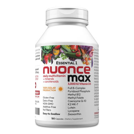 ANDREW LESSMAN Essential-1 nuonce max Multivitamin 3000 IU Vitamin D3 180 Small Capsules. 100 mcg Methyl B12. CoQ10 Lutein Lycopene Zeaxanthin. High Potency. No Additives. Ultra-Mild One Daily Capsule
