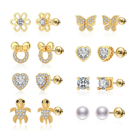 TOPBRIGHT 8 Pairs S925 Sterling Silver Stud Earrings Hypoallergenic Earrings with 18k Gold Plated Heart CZ Tiny Butterfly For Kids, Toddlers, Little Girls, Teens, Women