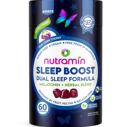 NUTRAMIN Sleep Boost - Dual Sleep Formula Melatonin + Herbal Blend - Sugar-Free, Vegan, Apple Pectin, Dark Cherry 60 ct