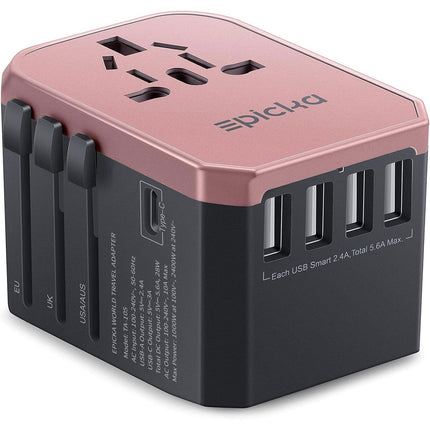 EPICKA Universal Travel Adapter, European Travel Plug Adapter - International Power Adapter Worldwide Charger with USB-C & 4 USB-A Ports, Travel Essentials for Italy, UK, Japan (TA-105, Rose Gold)