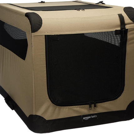 Amazon Basics Portable Folding Soft Dog Crate, Double Door, Collapsible Travel Kennel, Easy to Assemble, Medium, 29.92" x 21.3" x 21.3", Tan
