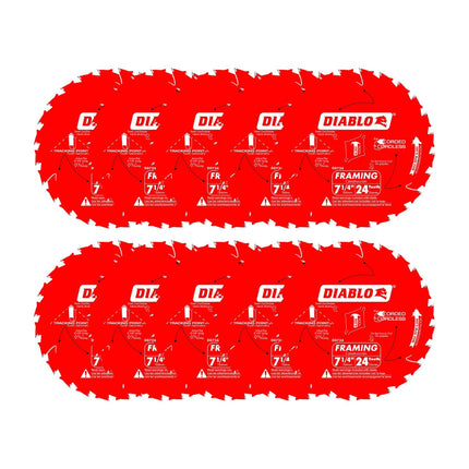Diablo Framing Saw Blade for Wood - 7-1/4" x 24-Tooth, Thin Kerf, Anti-Vibration, Long Life for Framing & Pressure-Treated Wood, Tracking Point Tooth Design - Pack of 10 - D0724A