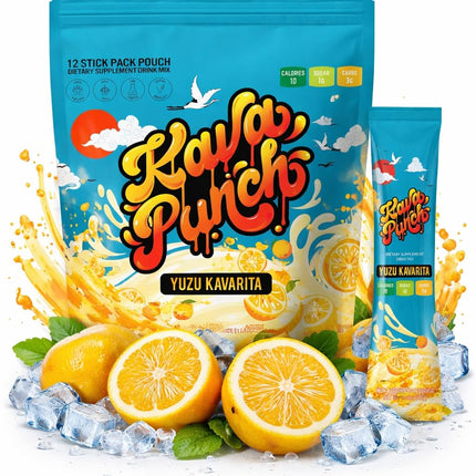 KAVA PUNCH Kava Drink Mix Powder – Noble Kava Relaxation Drink, Alcohol Alternative with Buzz, Calming Packets, 12 Servings Pouch, Yuzu Flavor