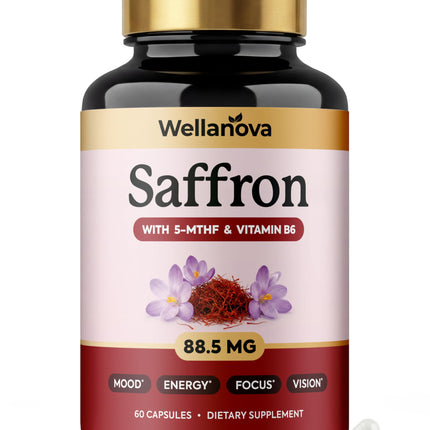 Wellanova Saffron Supplements – 88.5 mg 100% Pure Saffron Extract with Methylated Folate 5-MTHF & Vitamin B6 – Mood, Focus, Vision & Energy Support – 60 Capsules