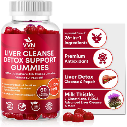 VV Naturals Liver Cleanse Detox & Repair Support Supplement - 700mg Reduced Glutathione, Milk Thistle & Alpha Lipoic Acid | SugarFree Non-GMO| Antioxidant, Liver Detox & Immune Support Gummies | 60 Ct
