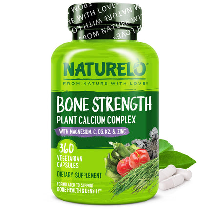 NATURELO Calcium Supplement - with Vitamin C, Vitamin D3, K2, and Calcium Magnesium Zinc for Bone Strength with Calcium 600mg - Plant-Based, 360 Vegetarian Capsules, Non-GMO, Soy & Gluten-Free