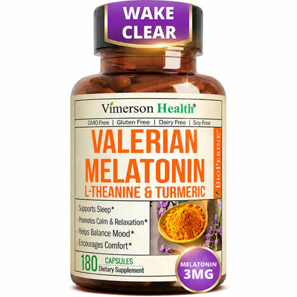 Melatonin 3mg + Valerian Root for Sleep, Daily Calm & Stress Relief Support – Natural Sleep Aid: Organic Turmeric Melatonin Valerian Supplement with L-Theanine, Ginger & Black Pepper – 180 Capsules
