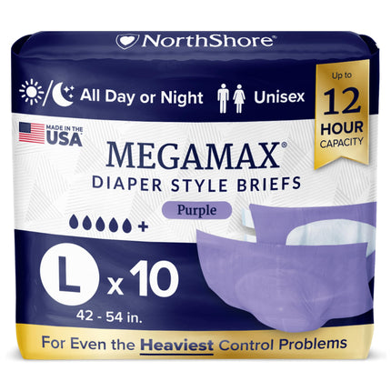 NorthShore MegaMax Made in USA 12-Hour HBL Adult Diapers for Heavy Bladder Leaks, Large, 10 Count, Purple, 42-54 inches, Tab-Style Incontinence Underwear for Men, Women & Teens