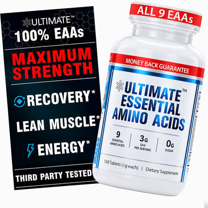 Ultimate Essential Amino Acids Supplement for Cutting, Fasting & Workouts, All 9 EAAs, 3000mg, 40% Leucine, 4:1:1 BCAA Ratio, Binder-Free with Organic Coating, Vegan, Keto, Non-GMO, 150 Tablets