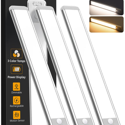 Under Cabinet Lighting Wireless, Rechargeable 10inch Motion Sensor Light Indoor, 3 Color Closet Light Battery Operated with LED Power Display, Magnetic Under Counter Lights for Kitchen, Home (3Pack)