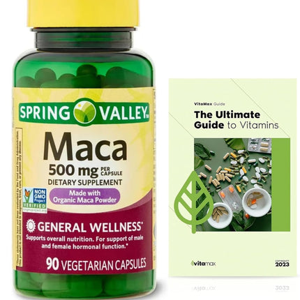Generic Spring Valley Maca Root 500mg Capsules, Organic Maca Root for Women and Men + Exclusive VitaMax Vitamin Guide (2 Items)