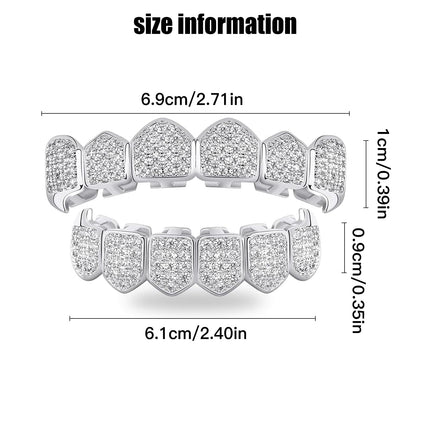 ASLLRISONY Unisex Gold-Plated Brass Hip Hop Imitation Diamond Fang Vampire Grillz, Halloween Costume Accessory Cosplay, 6 Top and Bottom Set Teeth Grillz with Extra Molding Bars